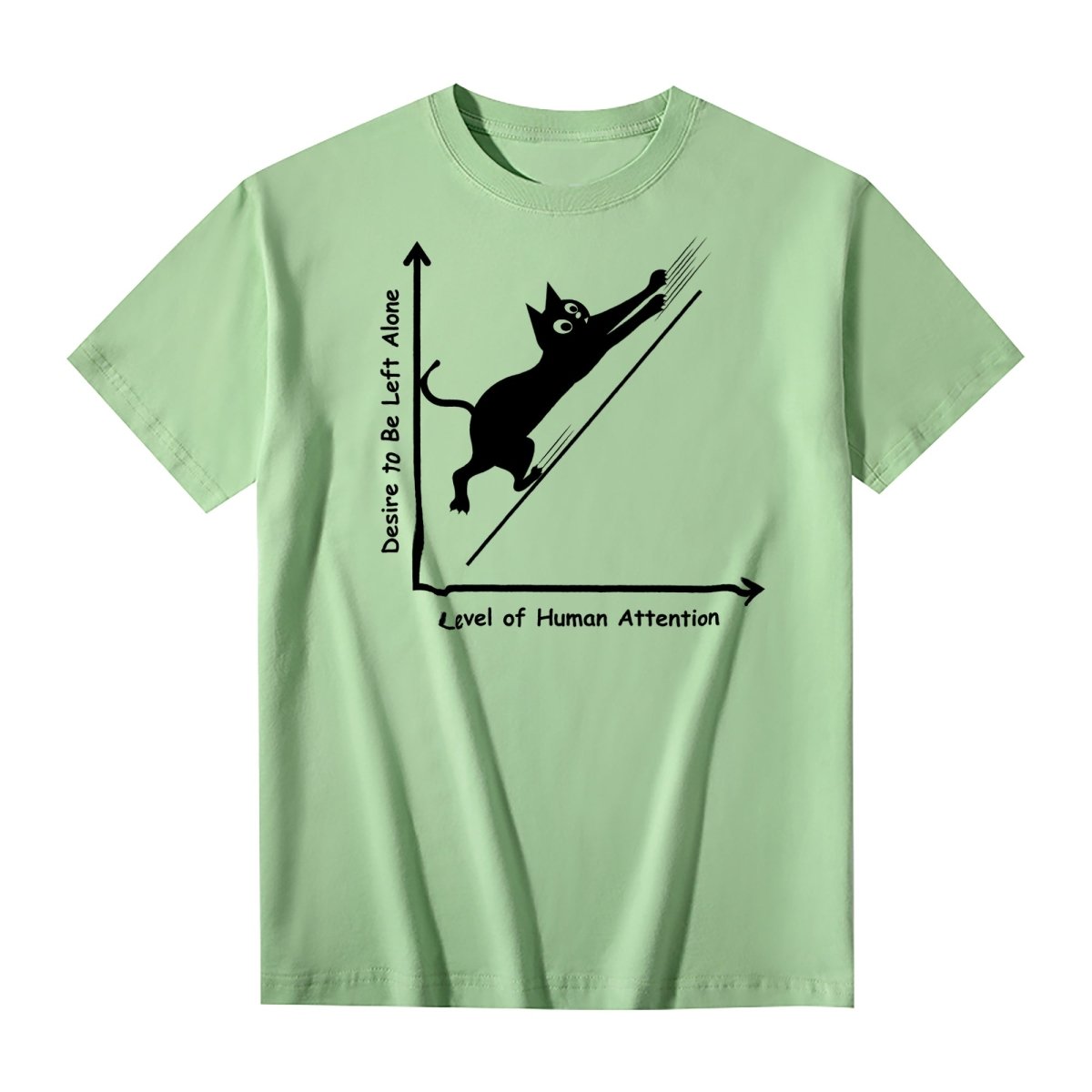 Avocado green T-shirt with playful cat illustration in a graph labeled 'Desire to Be Left Alone' vs 'Level of Human Attention,' perfect funny gift for cat lovers