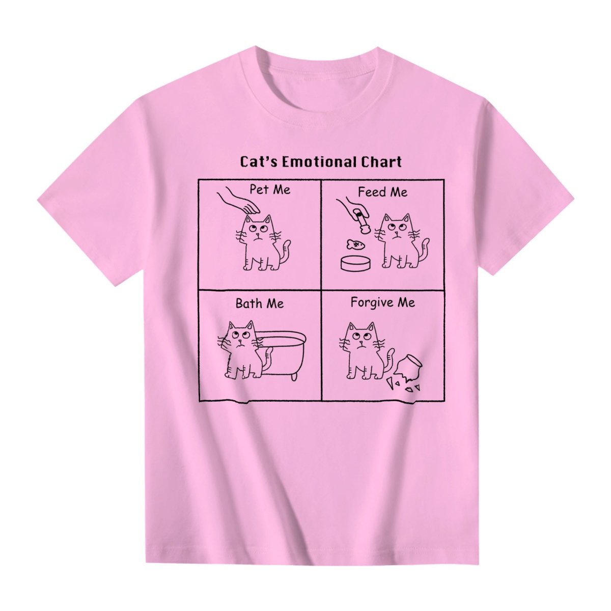 Unisex pink T-shirt with a four-square cartoon cat, each showing the same sassy rolling-eyes expression, "Pet me," "Feed me," "Bath me," "Forgive me" under "Cat's Emotional Chart" – playful and funny graphic tee for cat enthusiasts
