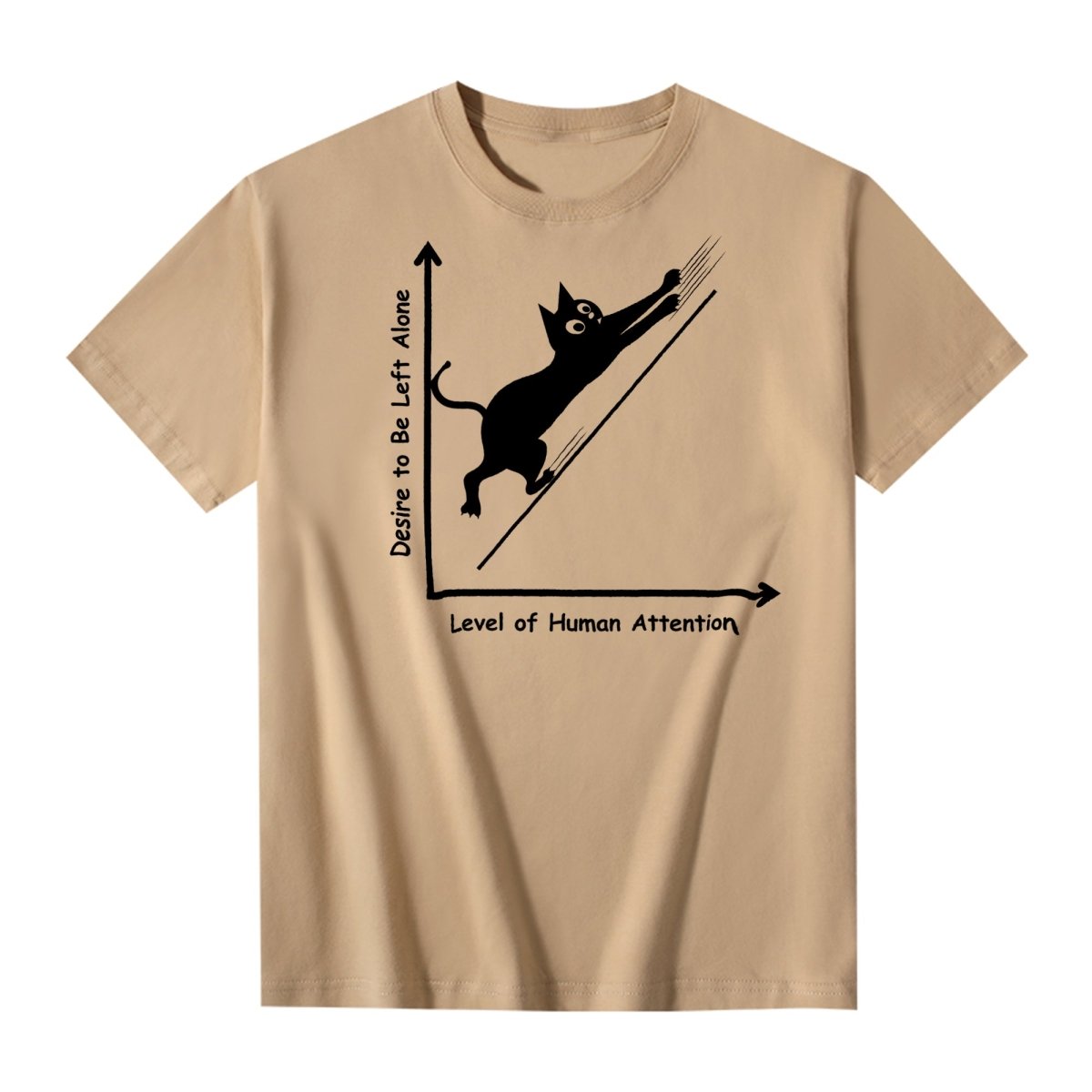 Khaki unisex T-shirt featuring humorous graph with black cat scratching upward, showing 'Desire to Be Left Alone' rising with 'Level of Human Attention'