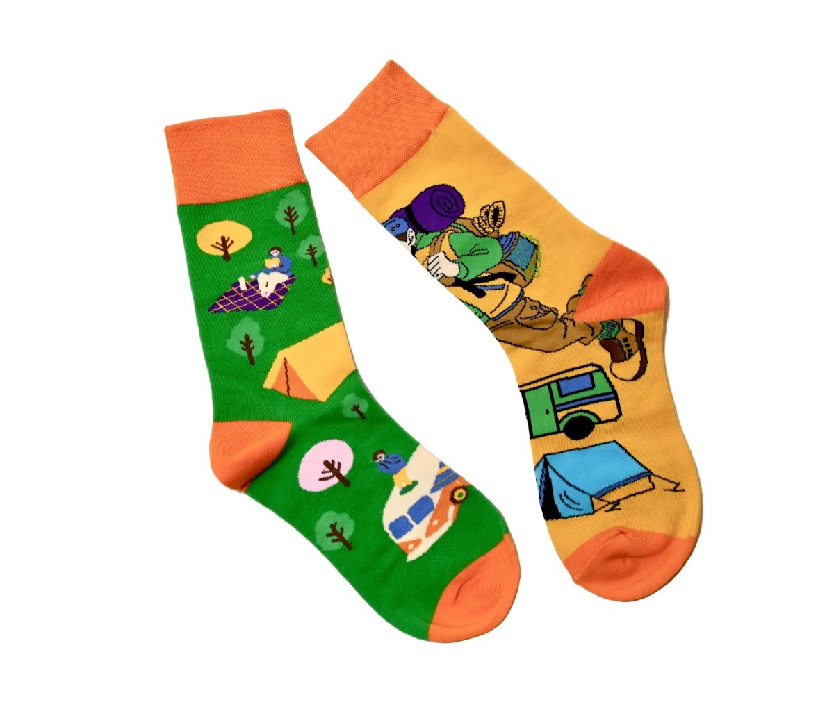 Camping socks one with green background and the other with yellow