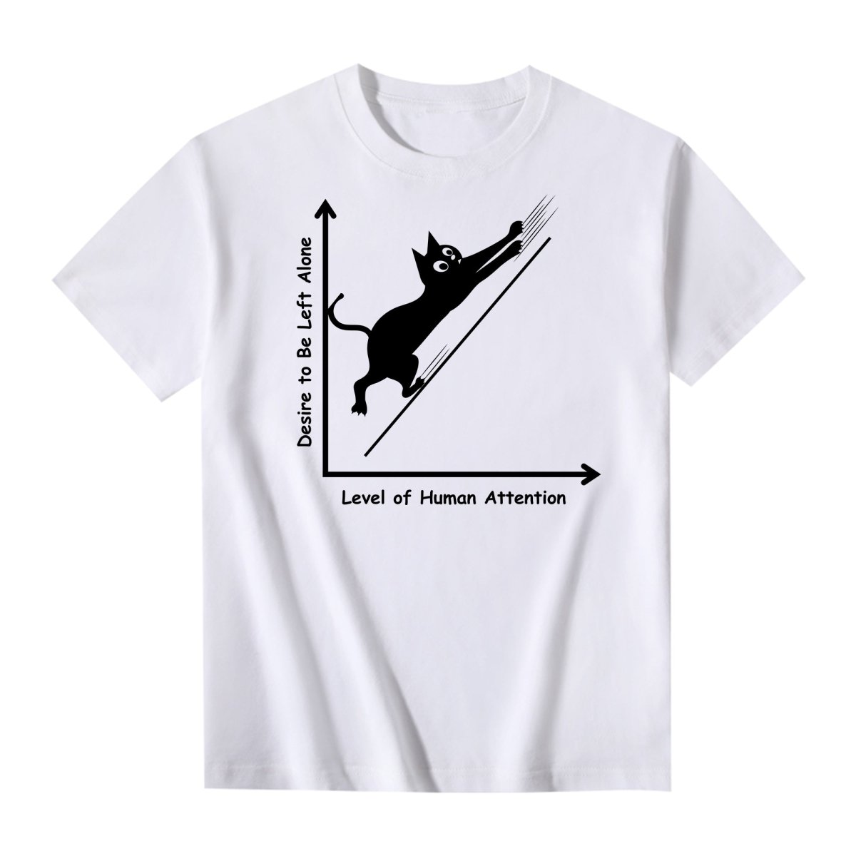 White graphic T-shirt with funny cat chart design – black cartoon cat climbing an axis labeled 'Desire to Be Left Alone' vs 'Level of Human Attention'