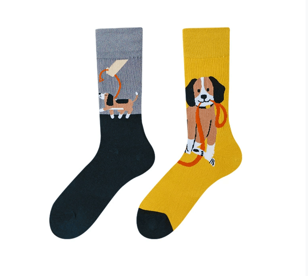 Mismatched socks with dog design – one sock with a beagle holding a leash, the other with a dog ready for a walk, unisex cotton socks
