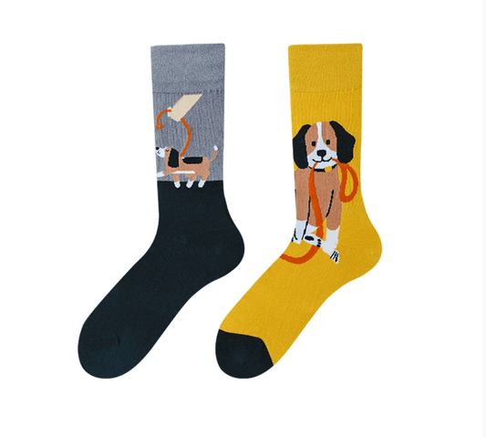 Mismatched socks with dog design – one sock with a beagle holding a leash, the other with a dog ready for a walk, unisex cotton socks
