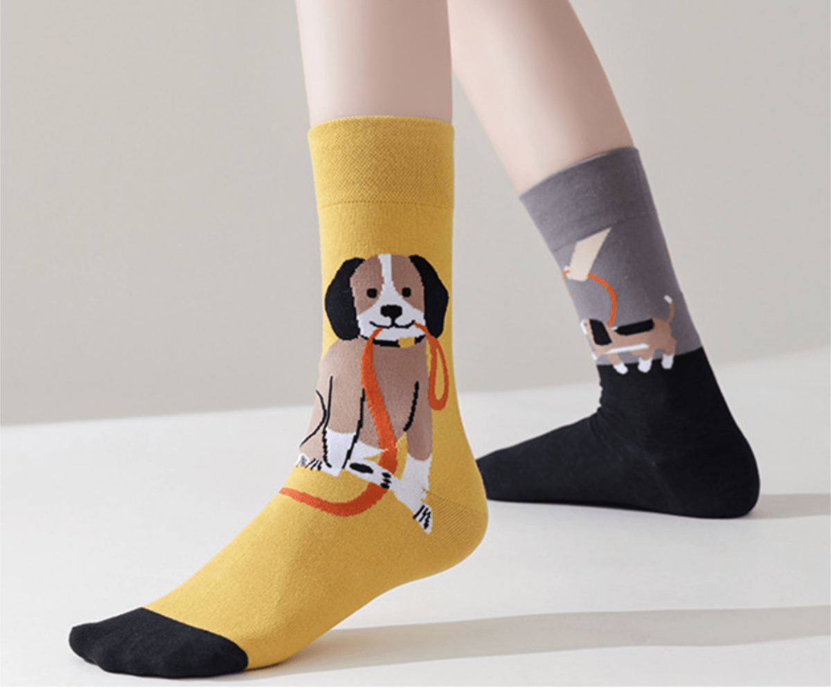 Mismatched socks with dog design – one sock with a beagle holding a leash, the other with a dog ready for a walk, unisex cotton socks
